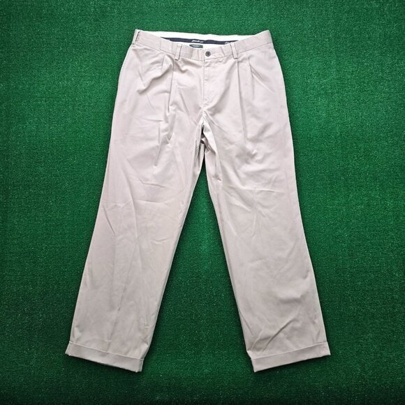 Eddie Bauer Pants Mens 38x32 Beige‎ Chino Wrinkle Resistant Relaxed Fit Pleated - Picture 1 of 12